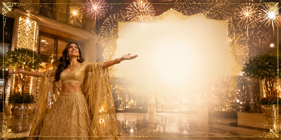 Player celebrating big win on mobile in colorful traditional lehenga
