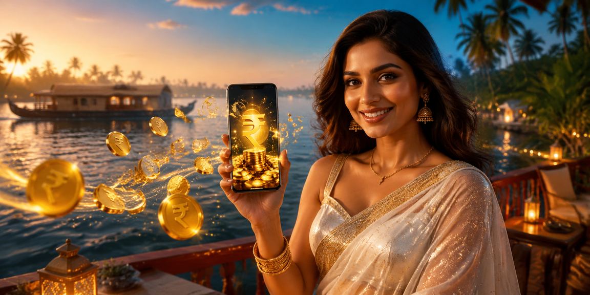 Woman enjoying cashback offer near Kerala backwaters